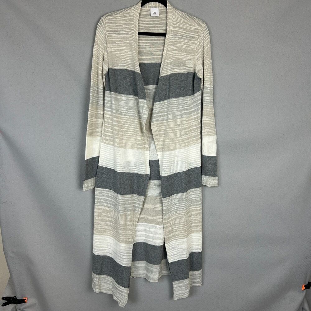 Cabi Small Long Open Front Striped Duster Cardigan Gray Cream Knit Sweater